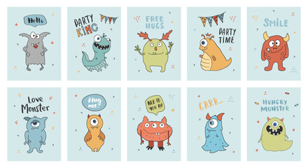 Fototapeta premium Cute monsters cards set. Cartoon monsters collection. Vector illustration