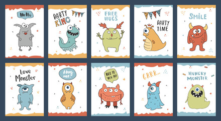 Cute monsters cards set. Cartoon monsters collection. Vector illustration