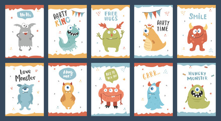 Cute monsters cards set. Cartoon monsters collection. Vector illustration
