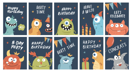 Birthday cards set with Cute monsters. Cartoon monsters collection. Vector illustration