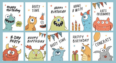 Fototapeta na wymiar Birthday cards set with Cute monsters. Cartoon monsters collection. Vector illustration