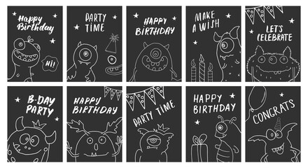 Birthday cards set with Cute monsters. Cartoon monsters collection. Vector illustration