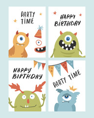 Birthday cards set with Cute monsters. Cartoon monsters collection. Vector illustration