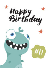 Cute monster birthday greeting card. Vector illustration