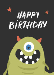 Cute monster birthday greeting card. Vector illustration