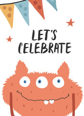 Cute monster birthday greeting card. Vector illustration