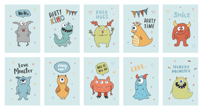 Cute monsters cards set. Cartoon monsters collection. Vector illustration