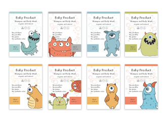 Baby Shampoo package label designs with cute monsters. vector illustration