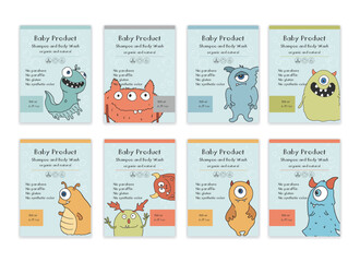 Baby Shampoo package label designs with cute monsters. vector illustration