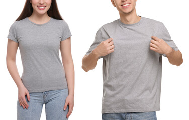 People wearing grey t-shirts on white background, closeup. Mockup for design
