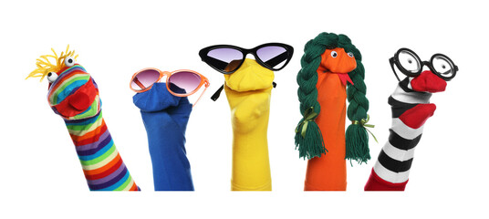 Many colorful sock puppets on white background, collage design