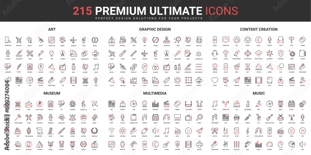 Poster art content, multimedia creation thin line red black icons set vector illustration. abstract symbols