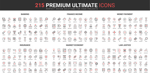 Finance and market economy thin line red black icons set vector illustration. Abstract symbols of banking, insurance of financial income, money payment, law justice simple design for mobile, web apps