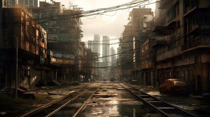 Naklejka premium Abandoned apocalyptic city with tracks created with Generative AI