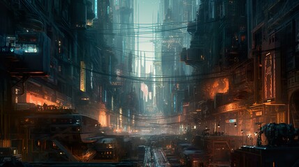 Fototapeta premium Futuristic cyper point city illuminated by warm lights created with Generative AI