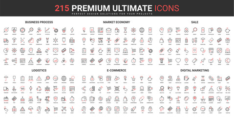 Business processes for company development thin line red black icons set vector illustration. Abstract symbols market economy, digital marketing for sales, logistics simple design for mobile, web apps