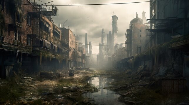 Apocaliptic city with cloudy sky and overgrown streets created with Generative AI