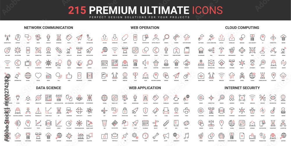 Poster Web network communication, internet application security, science data thin line red black icons set vector illustration. Abstract symbols cloud computing operations, simple design mobile, web apps