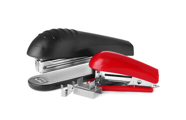 Bright color staplers with staples isolated on white