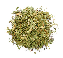 Pile of aromatic dried lemongrass isolated on white, top view