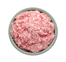 Bowl with raw fresh minced meat isolated on white, top view