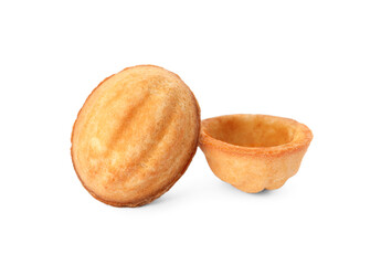 Delicious nut shaped cookies on white background