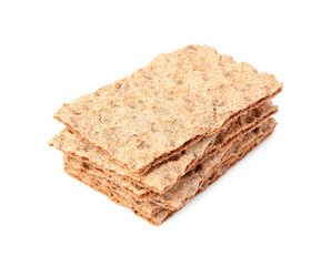 Stack of fresh crunchy crispbreads on white background. Healthy snack