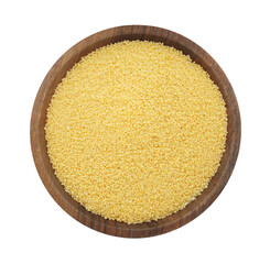 Bowl of raw couscous isolated on white, top view