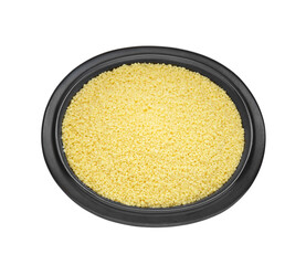 Bowl of raw couscous isolated on white, top view