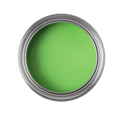 Can of light green paint isolated on white, top view