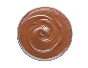 Bowl of delicious chocolate paste isolated on white, top view