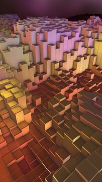 Abstract 3D loop. Digital landscape. Geometric terrain. Shiny cubes affected by fractal turbulence. Pixel sorting. Glitch art. Desert colors. Seamless looping. Vertical video.