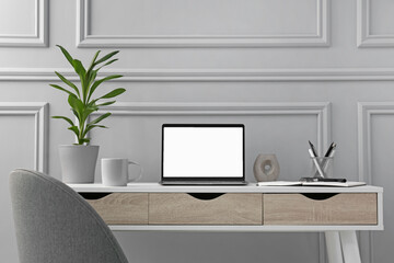 Stylish workspace with laptop, stationery and houseplant on wooden desk