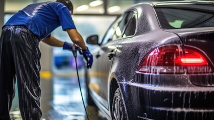 car wash attendant cleaning a car. generative ai
