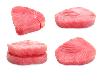 Collage with raw tuna steaks on white background