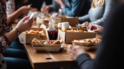 group of coworkers having a team lunch or break generative ai