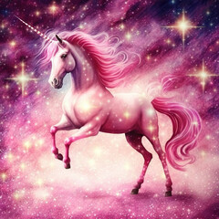 Naklejka na ściany i meble Beautiful illustration of realistic pink unicorn with twinkling bright magic sparkle around colorful mythical fantasy horse with horn. Ravishing enchanted animal from fairytale by generative AI.