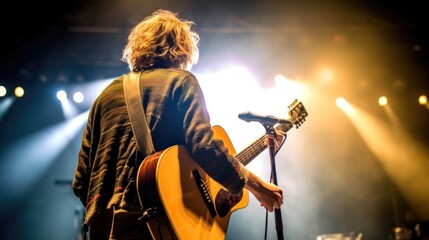 Obraz premium musician playing a guitar on stage. generative ai