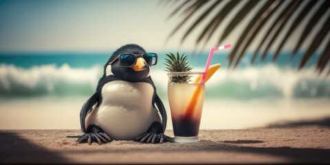 penguin is on summer vacation at seaside resort and relaxing on summer beach Generative AI - obrazy, fototapety, plakaty