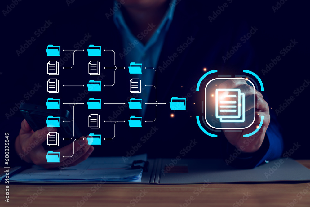 Poster document management system, dms and business process system automation technology. finger touching d