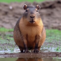 Naklejka na ściany i meble Nature's Aquatic Charm: Exploring the World of Capybaras, capivara, generative ai