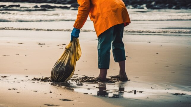 person picking up trash or participating in a beach cleanup generative ai