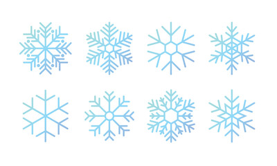 Snowflake ice crystal variations icon collection. Snowflakes blue ice crystal on white background. Winter symbol. Christmas logo sign. Vector illustration.