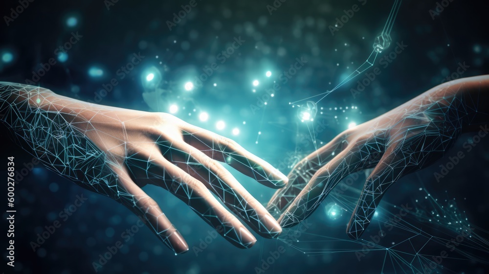 Wall mural human hand, big data of global network connection background generative ai