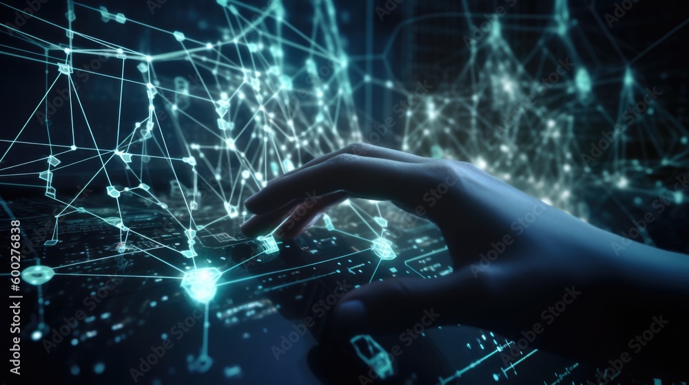 Wall mural human hand, big data of global network connection background generative ai