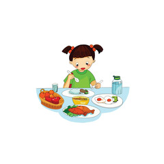 Cute cartoon happy girl eating healthy Fruits and vegetable food. Children enjoy eating delicious meal for breakfast or lunch. Little girl eating food at the table isolated