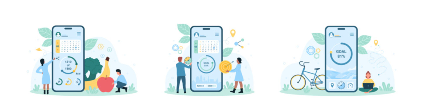 Mobile Apps For Time Management Set Vector Illustration. Cartoon Tiny People Planning Daily Routine In Digital Schedule Of Sports Exercises And Healthy Food, Business Project Planner On Phone Screen