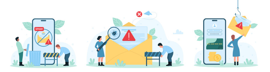 Online security set vector illustration. Cartoon tiny people with magnifying glass looking for computer bugs in emails, users clean spam trash on phone screen, protect credit card from phishing