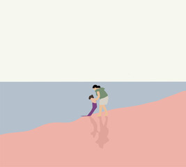 Young girl in mermaid costume with mother on the beach on holiday vacation. Summer fun activity.