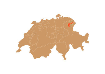 Map of Appenzell Ausserrhoden on Switzerland map. Map of Appenzell Ausserrhoden highlighting the boundaries of the canton of Appenzell Ausserrhoden on the map of Switzerland
